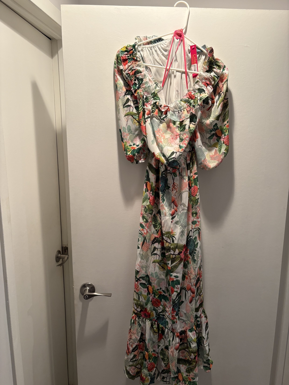 Catherine Malandrino White Maxi Dress with Pink and Green Floral Print